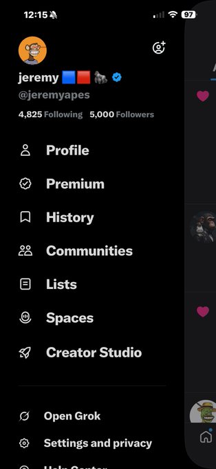 The image shows a screenshot of a social media app with a black background. The main focus is on a profile page, which displays information about the user's followers and their interests. There are several posts visible within the app, including one that reads "Stoked to reach the 5,000 follower mark!! When I get to 10,000 imma buy @Dynasty_eth PFP He knows I envy it... BAYC". The post is accompanied by a heart icon in the top right corner.