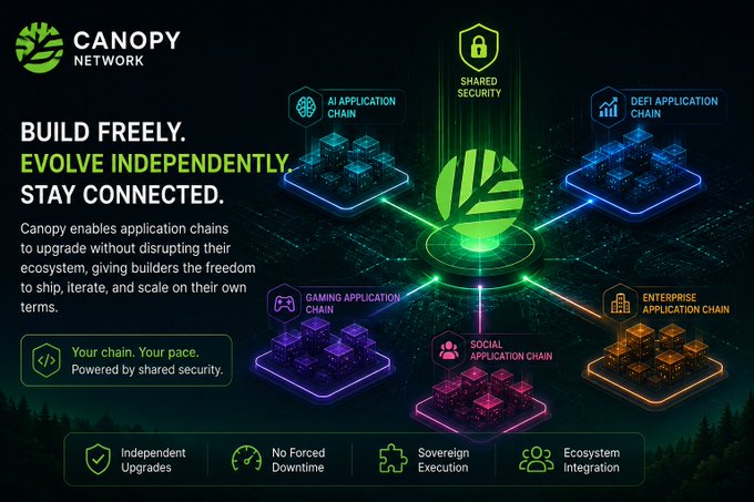 A promotional graphic for 'CANOPY NETWORK' with the tagline 'BUILD FREELY. EVOLVE INDEPENDENTLY. STAY CONNECTED.', showing various application chains like AI, DeFi, Gaming, Social, and Enterprise connected through shared security.