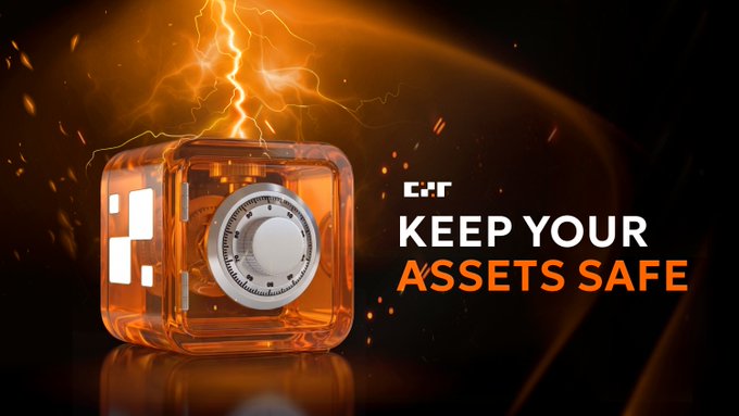 A cryptocurrency promotional graphic showing an orange digital safe with a combination lock and lightning effects, with the text 'KEEP YOUR ASSETS SAFE.'