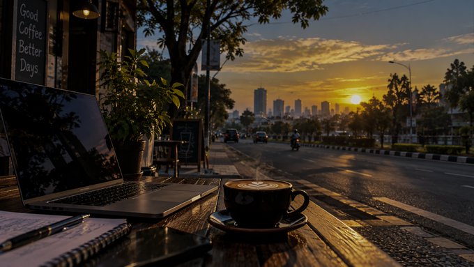 A cozy cafe scene at sunset viewed from a wooden table holding a laptop and a cup of coffee, with a street, city skyline, and a sign reading "Good Coffee Better Days" visible outside.