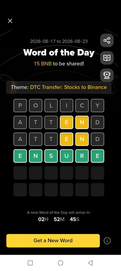 A screenshot of a 'Word of the Day' mobile game or app featuring the theme 'DTC Transfer: Stocks to Binance,' showing partial words like 'POLICY', 'ATTEND', and 'ENSURE' with a countdown timer.
