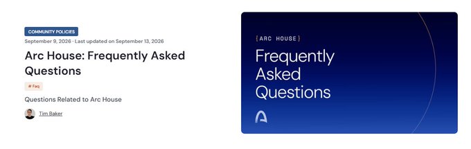 A blog post header titled 'Arc House: Frequently Asked Questions' dated September 9, 2026 by Tim Baker, featuring a dark blue gradient card with '| ARC HOUSE | Frequently Asked Questions' text.