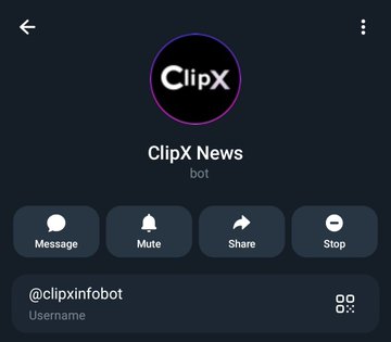 The image shows the Telegram bot profile page for "ClipX News" (@clipxinfobot), featuring interactive buttons for Message, Mute, Share, and Stop. This directly promotes the Telegram Bot mentioned in the accompanying post about the ClipX Market News Hub service.