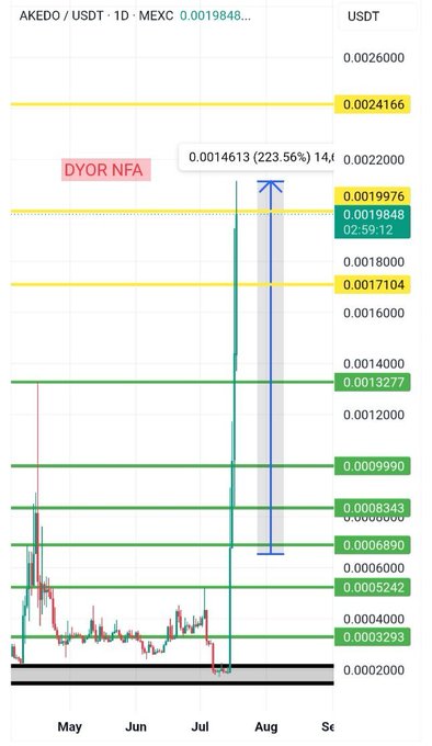 The image is a candlestick chart for AKEDO/USDT on the 1D timeframe, showing an explosive 223.56% rally to 0.0014613 from previous support levels, with key resistance zones marked at 0.0019976 and 0.0024166, and the DYOR NFA watermark visible. This visually reinforces the post's point that buyers have sustained the breakout momentum in $AKEDO/$AKE rather than letting it fade, as the price pierced above prior consolidation and is now testing higher resistance levels after establishing higher lows.