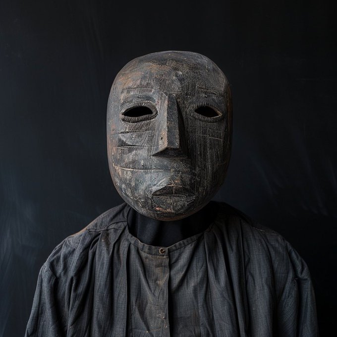 A close-up of a weathered wooden carved mask with simple facial features displayed against a dark background.