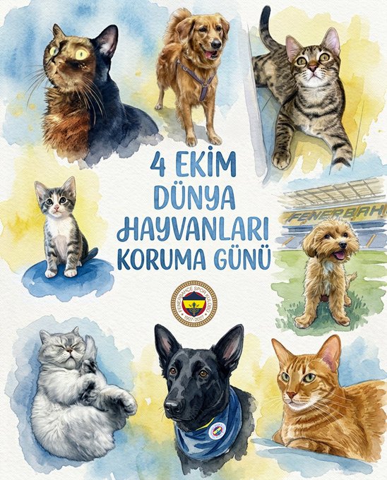 Watercolor-style poster celebrating '4 EKİM DÜNYA HAYVANLARI KORUMA GÜNÜ' (October 4 World Animal Protection Day) featuring various cat and dog illustrations arranged around a central emblem.