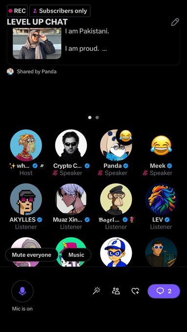 A Twitter Spaces audio chat titled "LEVEL UP CHAT" (Subscribers only, REC) shows multiple participants including host "wh...", speakers "Crypto C..." (CryptoPunk avatar), "Panda", and "Meek", plus listeners like "AKYLLLES", "Muaz Xin...", "Bagel...", and "LEV". The pinned post reads "I am Pakistani. I am proud..." shared by Panda, connecting to the speaker's @cryptopunks avatar celebrating their first appearance in the subscriber space.