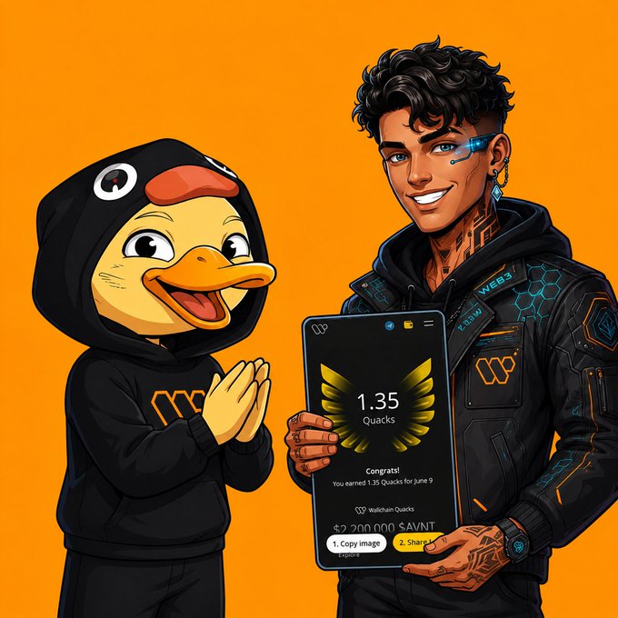 The image features two cartoon characters - one dressed as a duck wearing a black hoodie with yellow text, and another character dressed in a black jacket holding a phone displaying "1,135 Quacks". The duck character appears to be clapping its hands while standing next to the person on the phone.

The post seems to be about someone who has joined a group or community called @wallchain but hasn't received any Quacks yet. The image suggests that consistency and active participation in the community might eventually lead to receiving Quacks, which are virtual rewards for joining the group.
