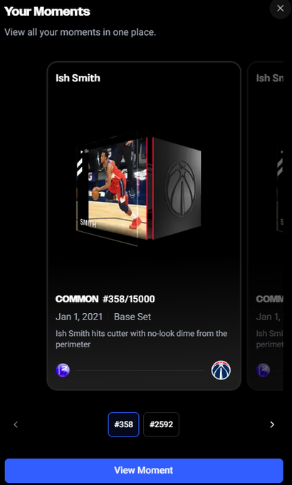 A mobile app interface titled 'Your Moments' displaying an Ish Smith basketball NFT card from a Base Set dated Jan 1, 2021, described as 'Ish Smith hits cutter with no-look dime from the perimeter', marked as COMMON #358/15000.