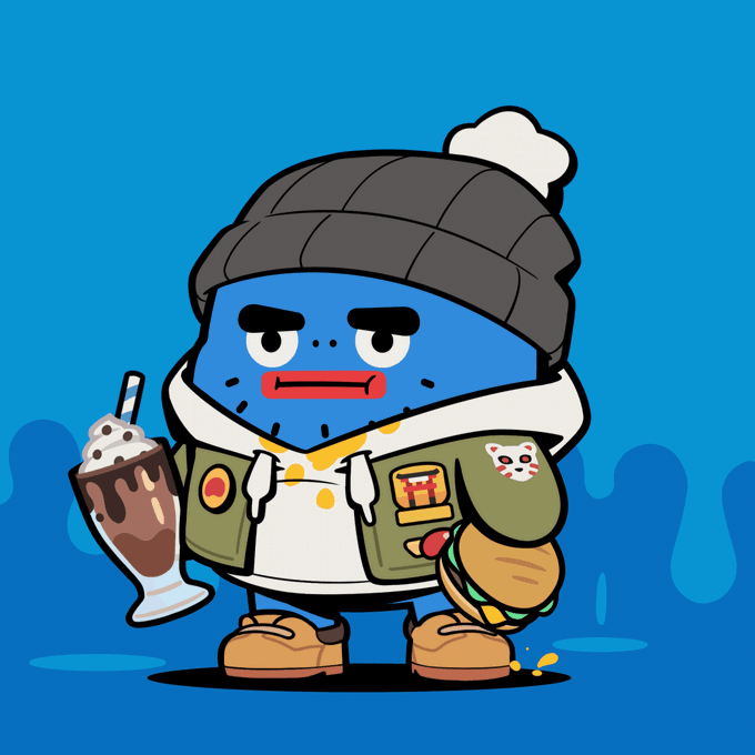 A cartoon illustration of a blue, bearded character wearing a beanie, a green jacket with patches, and holding a milkshake and a burger.