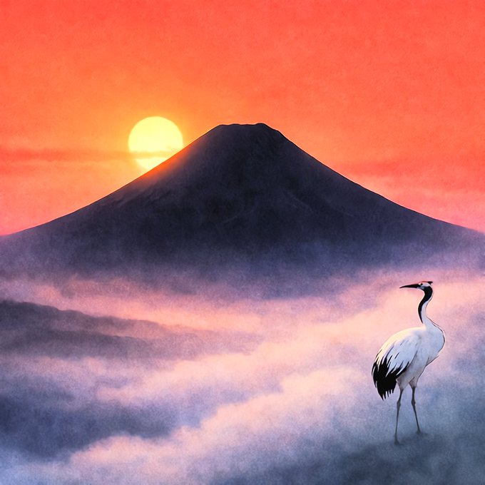 A majestic red-crowned crane stands amid rolling mist before the silhouetted peak of Mt. Fuji, with a glowing sun setting behind the mountain in a fiery orange sky. The artwork embodies the post's "Evening Mist" theme, capturing the serene fusion of light, nature, and silence characteristic of the "Simple Fuji Art" collection on Tezos.