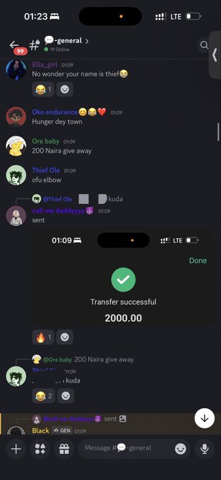 A screenshot of a messaging app chat titled '#general' shows multiple messages including 'No wonder your name is thief', 'Hunger dey town', '200 Naira give away', and a 'Transfer successful 2000.00' confirmation pop-up.