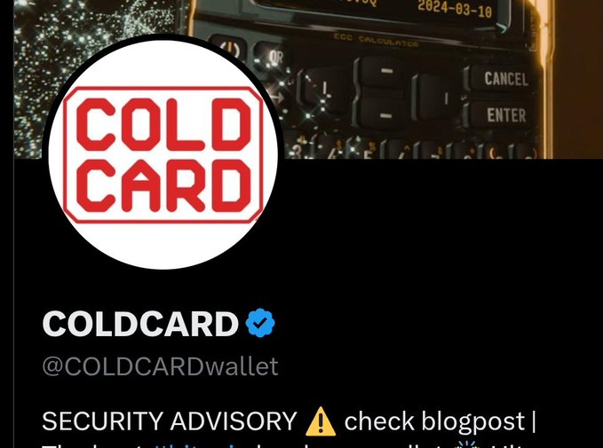 A verified X profile for "COLDCARD" (@COLDCARDwallet) displays its red logo alongside a security advisory post about a firmware vulnerability. The image header shows a Coldcard hardware wallet keypad dated 2024-03-18, setting the stage for the post's discussion of an investigation into the device's security flaws, the "switck" identity, and Peter D. Gray.