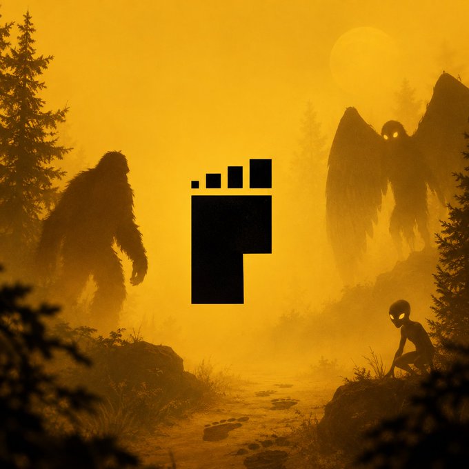A yellow-tinted fantasy landscape featuring a Bigfoot-like creature on the left, an alien and winged figure on the right, with a black Block logo displayed in the center.