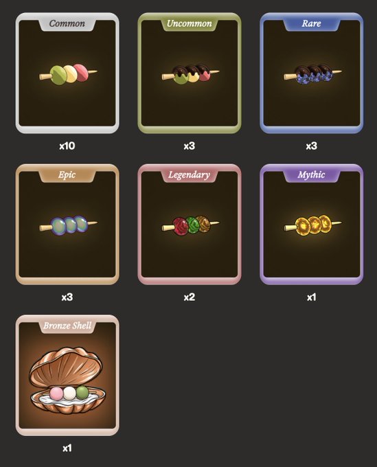 A digital loot box inventory showing 10 Common, 3 Uncommon, 3 Rare, 3 Epic, 2 Legendary, and 1 Mythic dango skewer items, plus 1 Bronze Shell, corresponding to the user's lucky booster pack haul from the Dango NFT project.