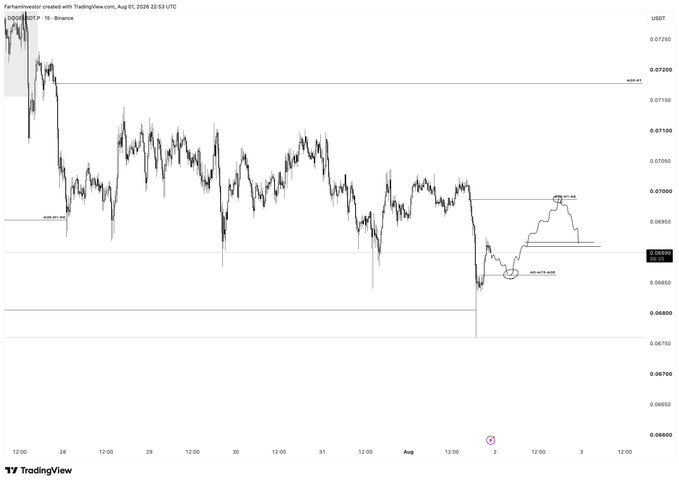 A 15-minute TradingView chart of DOGE/USDT on Binance shows a sharp liquidation wick followed by a recovery toward the 0.0695–0.0700 range, with marked levels at 0.06903 and 0.07020 highlighting the recent imbalance and expected price reaction. The price action aligns with the post's plan, illustrating the liquidation wick dip and subsequent bounce into a potential consolidation zone before a further move.