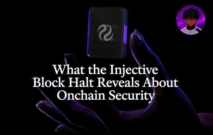 A dark thumbnail featuring a hand holding a glowing cube with the text 'What the Injective Block Halt Reveals About Onchain Security' and an anime-style avatar in the corner.