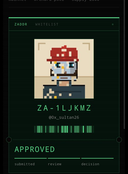 A pixel art character with a red cap and blue skin is displayed on a green-themed 'ZADDR WHITELIST' card marked 'APPROVED' with the identifier 'ZA-1LJKMZ' and username '@0x_sultan26', featuring a barcode and status indicators for submitted, review, and decision stages.