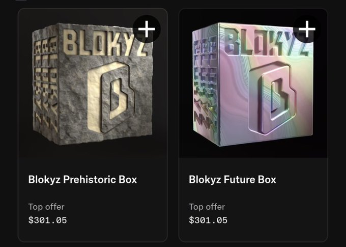 Two product cards displaying 3D boxes labeled 'BLOKYZ', one titled 'Blokyz Prehistoric Box' and the other 'Blokyz Future Box', both with a 'Top offer' of '$301.05'.