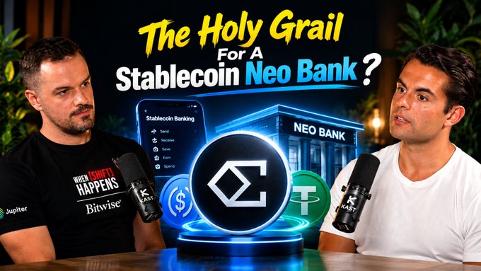 A YouTube thumbnail titled 'The Holy Grail For A Stablecoin Neo Bank?' featuring two men in a podcast setting with the Ethena logo prominently displayed.
