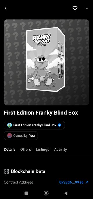 A mobile screen showing an NFT listing for a "First Edition Franky Blind Box" featuring a grayscale cartoon frog character, labeled "Owned by You" with a blockchain contract address beginning "0x32d6...".