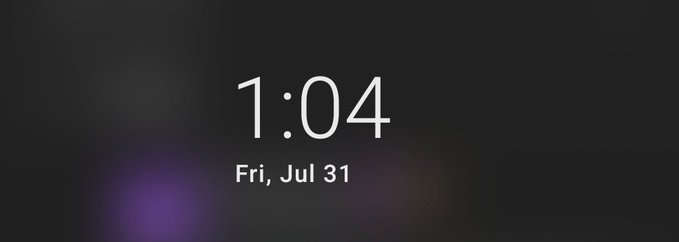 A minimalist lock screen displays the time '1:04' and date 'Fri, Jul 31' against a dark, blurred background.