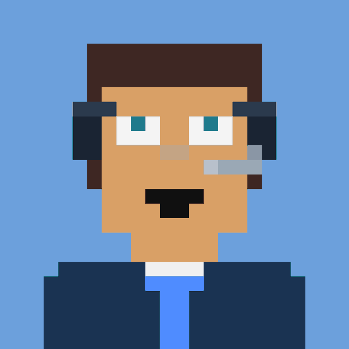 A pixel art portrait of a man with dark hair, blue eyes, a mustache, and a cigarette in his mouth, wearing a dark suit and blue tie against a light blue background.