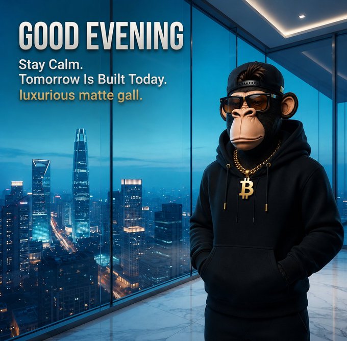 A stylized image of a monkey wearing a black hoodie, sunglasses, and a Bitcoin necklace in a luxury high-rise setting, with text 'GOOD EVENING, Stay Calm. Tomorrow Is Built Today. luxurious matte gall.'
