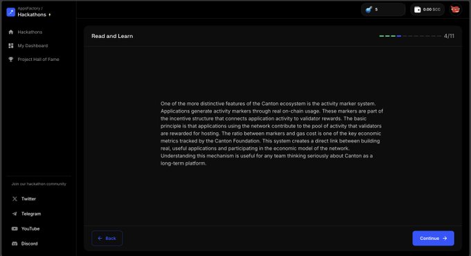 A dark-themed web interface titled 'Hacken3 / Hackathons' shows a 'Read and Learn' section with text explaining the Canton ecosystem's activity marker system and incentives structure, with 'Back' and 'Continue' navigation buttons.