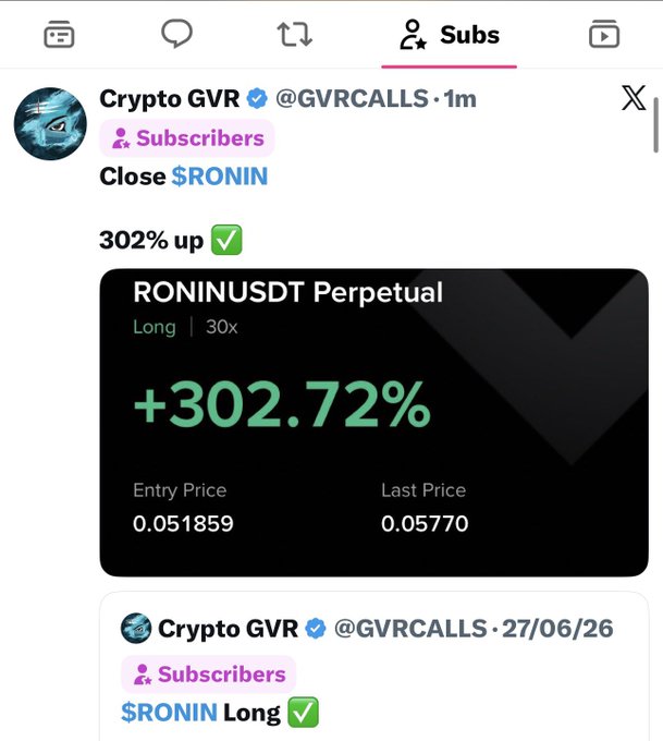 A screenshot of a Twitter post by Crypto GVR (@GVRCALLS) showcasing a successful $RONINUSDT perpetual long trade with a +302.72% gain at 30x leverage, entering at 0.051859 and last priced at 0.05770, highlighting a winning call shared with subscribers.