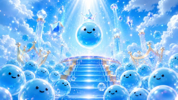 The image features an illustration of a blue ball with a smiling face, surrounded by numerous other blue balls. The scene takes place in front of a castle or palace, which has a staircase leading up to it. The background includes clouds and stars, creating a dreamy atmosphere. The caption for the image reads "Human Tap by @WorldHumanLabs has launched an exclusive community initiative for Soneium."
