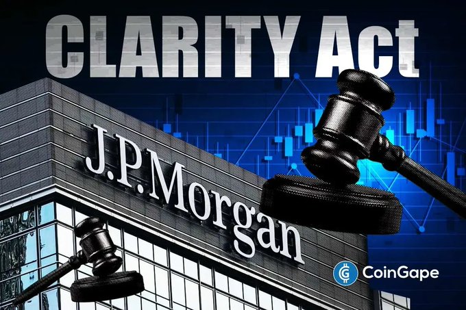 The image displays bold "CLARITY ACT" text above a J.P. Morgan building, flanked by two judge's gavals against a backdrop of blue stock charts and graphs, visually representing the bank's warning that delays in passing the Clarity Act threaten cryptocurrency markets.