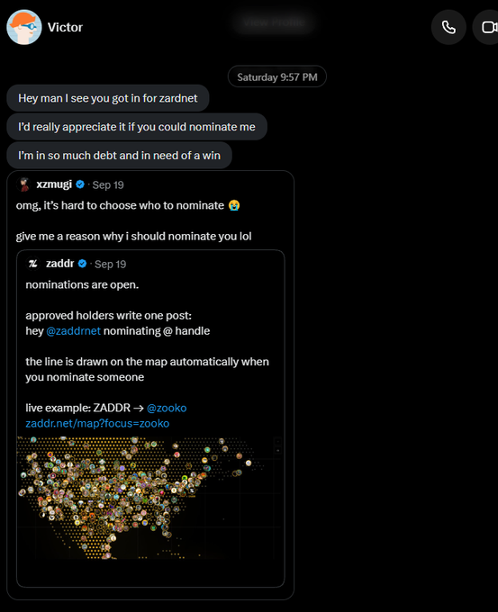 A screenshot of a Discord conversation where user Victor messages kzmugi asking to be nominated for 'zardnet,' referencing the 'robinhood chain' nomination process.