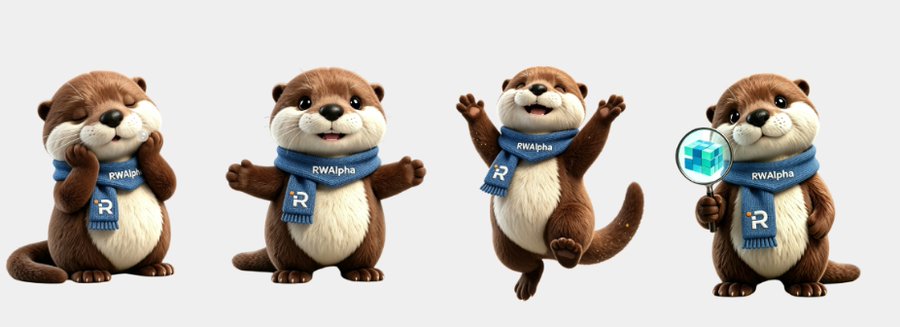 Four mascots wearing a scarf with RWAlpha are shown from left to right if you're smiling, winking, arms out, jumping, and using a magnifying glass over a blue object inside.