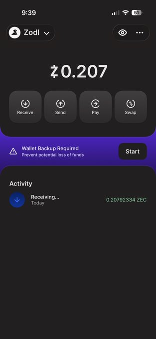 A screenshot of a Zodl cryptocurrency wallet app showing a balance of "zł 0.207" with options for Receive, Send, Pay, and Swap, and a notification for a Wallet Backup.