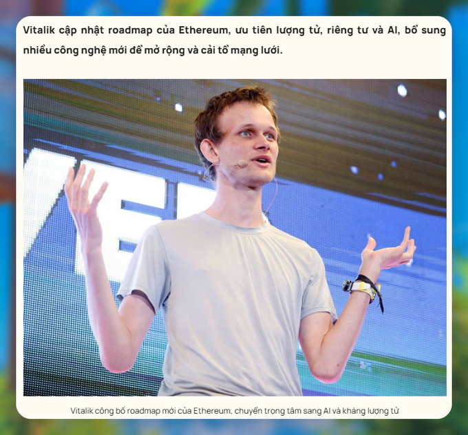 News article screenshot with Vietnamese text about Vitalik Buterin's new Ethereum roadmap focusing on AI and privacy, showing him gesturing while speaking at a conference.