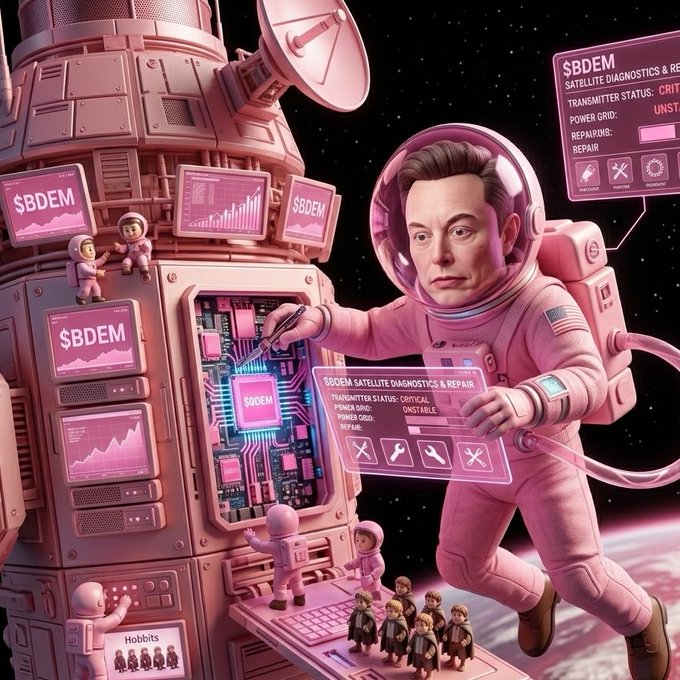 Elon Musk in a pink spacesuit performs satellite diagnostics and repairs on a "$BDEM" (and "$GDEM") labeled circuit board in space, with tiny figures including ones labeled "Hobbits" nearby, illustrating the post's reference to "Pink metaverse incoming" and the accelerating iteration toward Mars via Starlink V3 deployments.
