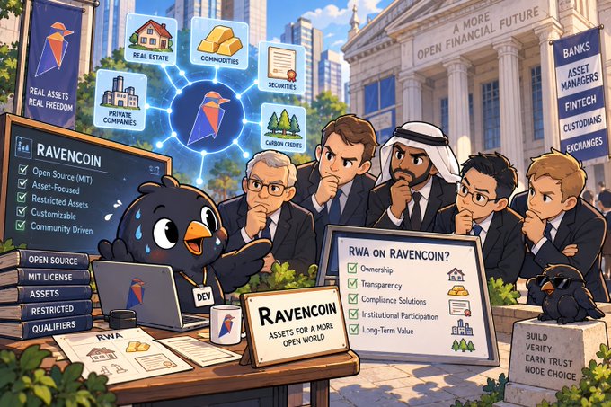 A cartoon-style illustration depicts various men in business attire, including one in traditional Arab clothing, thoughtfully observing a presentation about 'RAVENCOIN', with diagrams highlighting features like 'REAL ASSETS', 'REAL FREEDOM', and 'RWA ON RAVENCOIN' in front of a building labeled 'A MORE OPEN FINANCIAL FUTURE'.