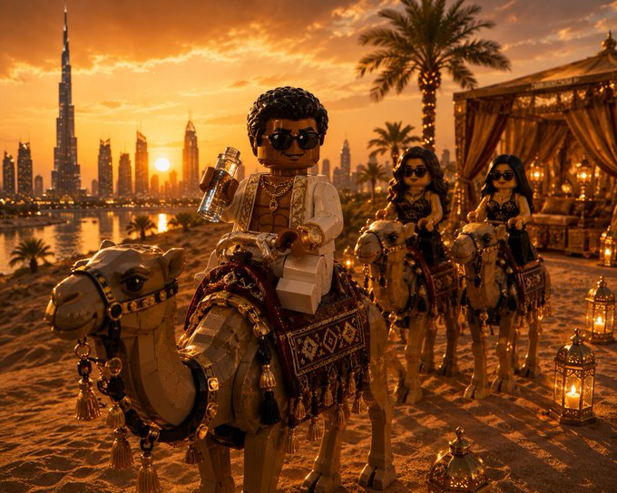 Lego figures dressed in lavish gold and black attire ride ornately decorated camels through a desert landscape at sunset, with a city skyline featuring the Burj Khalifa visible in the background.