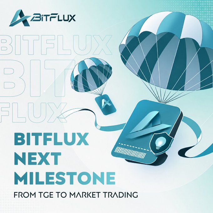 The image features a poster for BitFlux TGE that highlights their current stage, which is entering a critical phase where they are about to launch their public sale. The poster includes three parachutes with different designs - one blue, one white, and one gray. These parachutes symbolize the idea of taking risks in the cryptocurrency market. The text on the poster emphasizes the importance of being part of the BitFlux ecosystem at this early stage, as it is a crucial step towards becoming a successful participant in the world of Bitcoin trading.