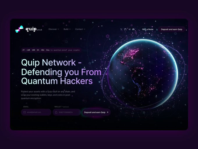 A screenshot of the Quip Network website homepage displays the tagline "Quip Network - Defending you From Quantum Hackers," with a dark, futuristic design featuring a glowing purple and blue globe, promoting their post-quantum crypto vault service with a "Deposit and earn Quip" button. This relates to the post by highlighting how Quip Network addresses cross-chain bridge security concerns through their innovative approach rather than traditional multisig or wrapped asset solutions.