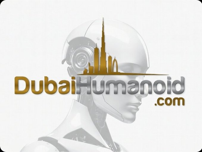 A logo for 'DubaiHumanoid.com' featuring a silver robotic head silhouette with the Dubai skyline, including the Burj Khalifa, rendered in gold overlaying the face.