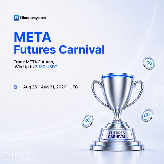 A Biconomy.com promotional graphic for a 'META Futures Carnival' offering up to 2,130 USDT in prizes, running August 25–31, 2026, featuring a silver trophy and Meta logo coins.