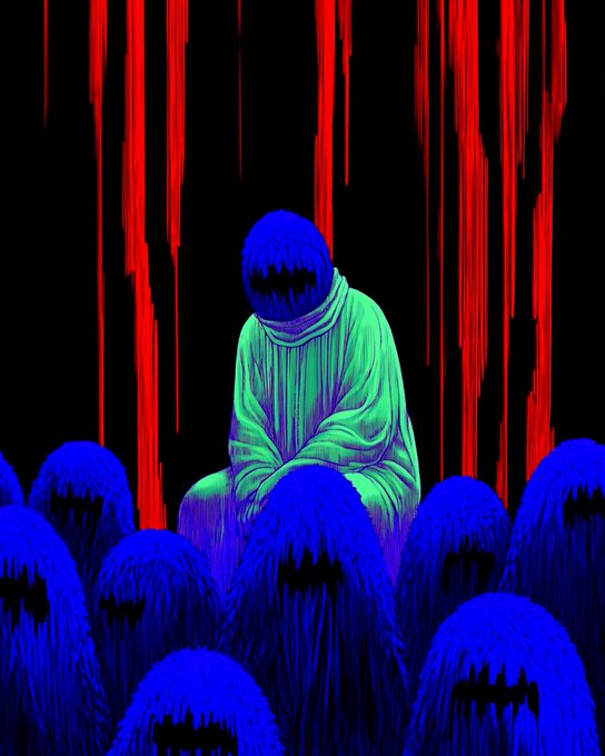 An artistic illustration featuring a central figure in a green robe surrounded by hooded blue figures against a backdrop of vertical red lines.