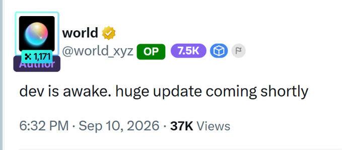 A screenshot from X showing the official "world" account (@world_xyz), tagged as "Author," posted "dev is awake. huge update coming shortly" at 6:32 PM on Sep 10, 2026, garnering 37K views. This optimistic announcement of an upcoming major update ties into the post suggesting the user is hoping for larger rewards from the Worldcoin-related project.