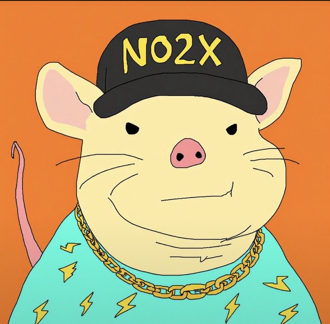 A cartoon pig wearing a black cap reading 'NO2X', a gold chain necklace, and a teal shirt patterned with yellow lightning bolts against an orange background.