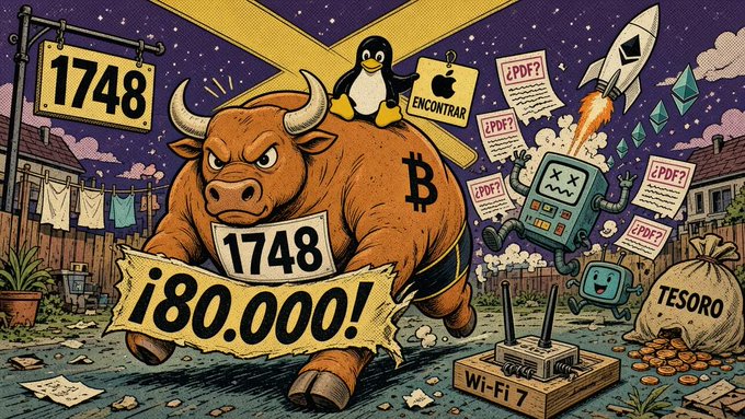 A cartoon illustration of a bullish Bitcoin scene with a bull labeled '1748', a rocket, a penguin (Linux), a router labeled 'Wi-Fi 7', money bag ('TESORO'), and a banner reading '¡80.000!'.