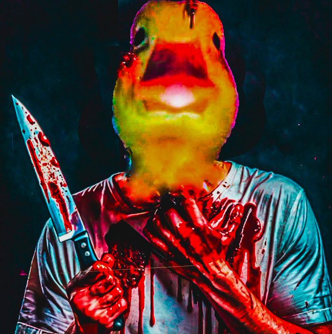 A stylized horror-themed artwork depicts a bloodied figure wearing a distorted, brightly colored mask and holding a blood-covered knife, with their other hand stained red against a dark background.