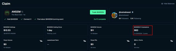 A screenshot of a crypto claim page for the '$ANSEM' token showing holdings of $12.03, with 983 impressions highlighted in a red box.