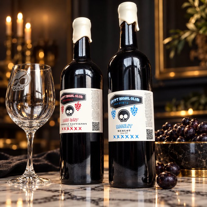 A product photo featuring two wine bottles from 'CRYPT BOOZE CLUB' (Cabernet Sauvignon and Merlot) with skull logos, displayed next to a wine glass with a skull design and a bowl of dark grapes.